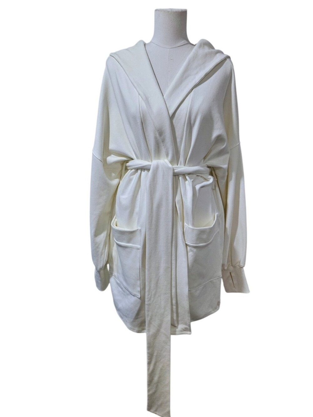 POPFLEX Active Robe Cream White Hooded Wrap Belted Fleece S/M Rare Discontinued
